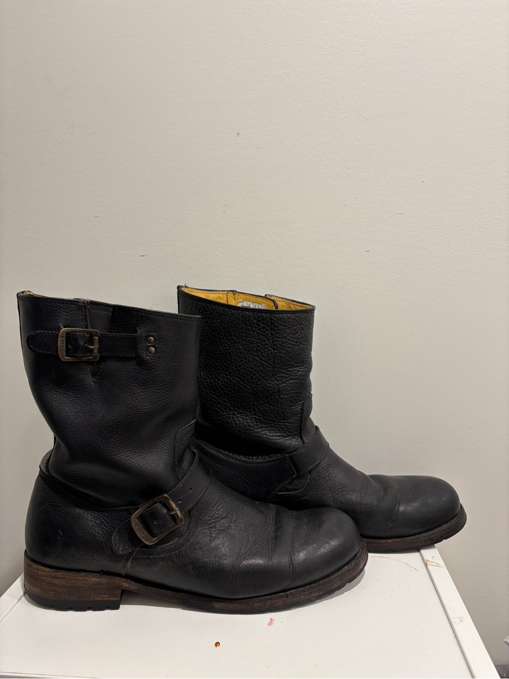 Vintage Frye Black Leather Buckle Engineer Boots Mens size 11